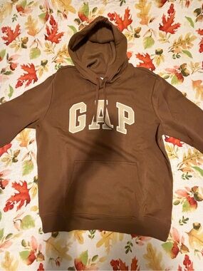GAP Men's Brown Crewneck Hoodie with White Logo